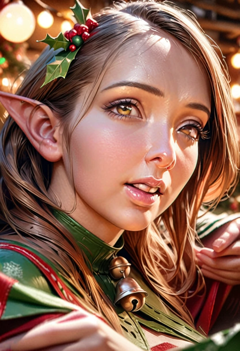 a cute elf woman, intricate green outfit with red trim and bells, santa's workshop, toy assembly line, happy expression, detailed face, beautiful eyes, small nose, lovely lips, long eyelashes, detailed hands, (best quality,4k,8k,highres,masterpiece:1.2),ultra-detailed,(realistic,photorealistic,photo-realistic:1.37),fantasy,illustration,digital painting,vibrant colors,warm lighting,christmas theme,whimsical