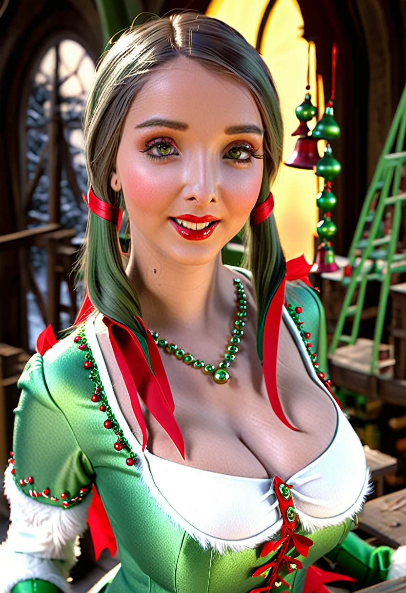 a cute elf woman, intricate green outfit with red trim and bells, santa's workshop, toy assembly line, happy expression, detailed face, beautiful eyes, small nose, lovely lips, long eyelashes, detailed hands, (best quality,4k,8k,highres,masterpiece:1.2),ultra-detailed,(realistic,photorealistic,photo-realistic:1.37),fantasy,illustration,digital painting,vibrant colors,warm lighting,christmas theme,whimsical