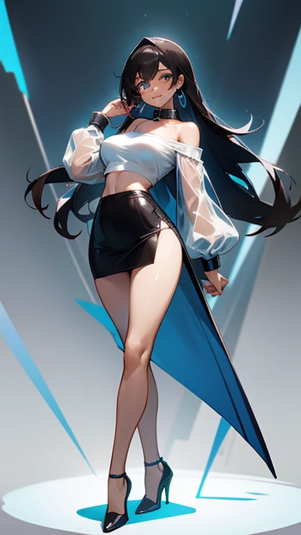  full body picture of girl with big breasts and big butt , long Brown black  hair With blue highlights . bushing and smiling. with a collar around her neck wearing highly reviling clothes That is Just a see through White Tight fight cold Shoulder Tube crop top shirt That shows her breasts and tits. And a black dropped waist micro skirt That shows her extra small high rise g string panties And part of her butt. And high heels All her clothes are wet showing her beautiful skin underneath 