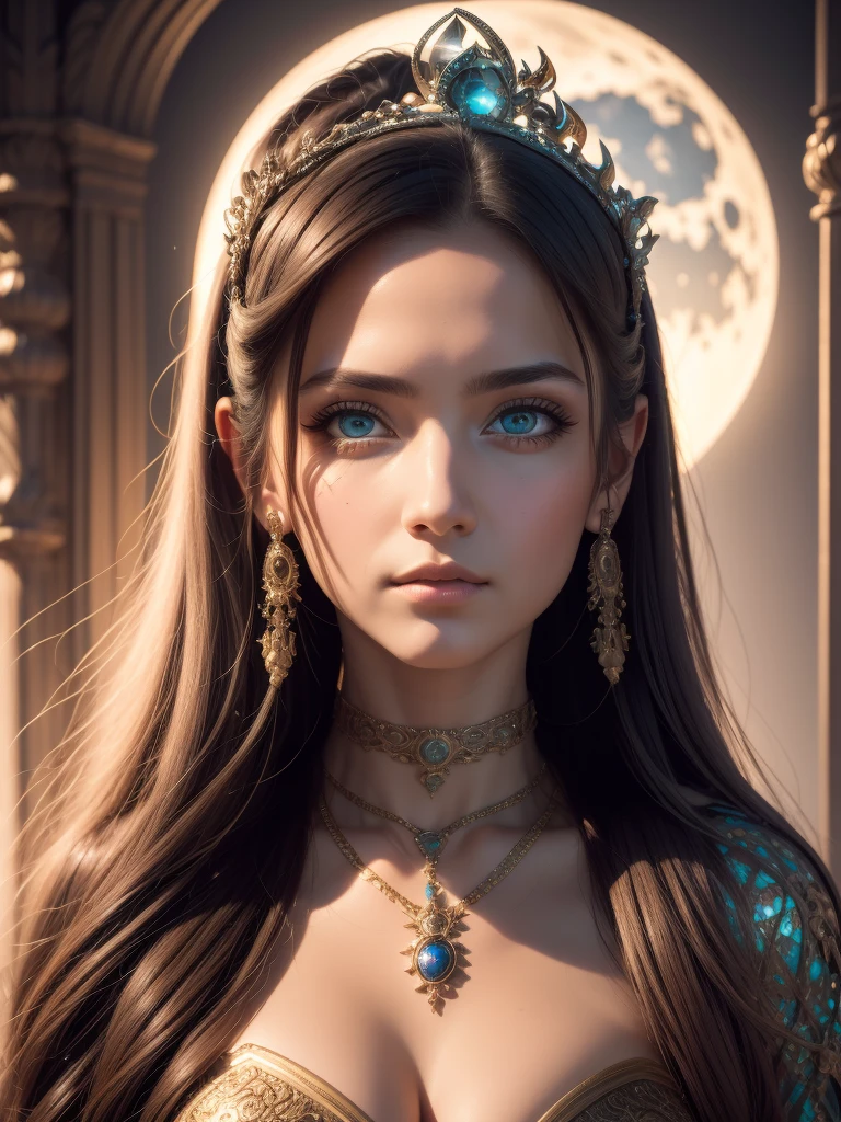 （Best quality，Ultra - details，best illustration，best shadow，the masterpiece，a high resolution，Professional illustrations，famous works of art），detailed eyes，beautiful eyes，Cleavage close up，Sci-fi，colored sclera，robot eyes，marks on the face，Tattooed with，（fractalized，fractal eyes），big eyes，Eyes wide open，（eye focus），focus on the face，cosmic eyes，cosmic eyes，Close-up of a metal sculpture of a woman with the moon in her hair，welcome。Extremely high detail，3D Portrait Goddesses，Extremely detailed depictions of the goddess，stunning portrait of a goddess，Side image of the goddess，Portrait of a beautiful goddess，Full length portrait of the goddess.，The goddess Hekta，Portrait of the Scandinavian moon goddess，Goddess of space and time