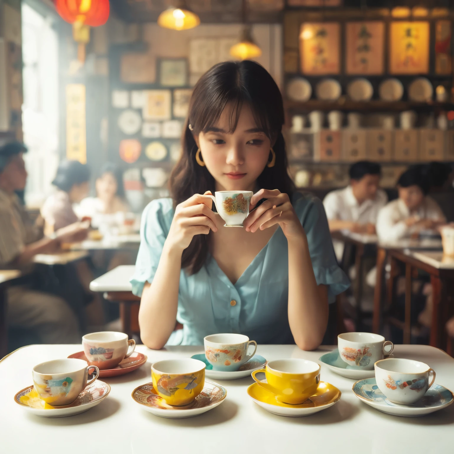 photo for advertising, product shots, shoot from above focus at table top, a series of small coffee cup with small plates, on white table top, in same style with different colours, made of white porcelain, series of bright colours: red & yellow & deep blue sky-blue & lake-green, dishes of ham & eggs
and sandwiches on table top, a young lady hold a cup & enjoying tea on background, at old hong kong style tea cafeteria, side omni-lighting, afternoon tea time, hazy mood, 60's Chinese mosaic flooring, mongkok