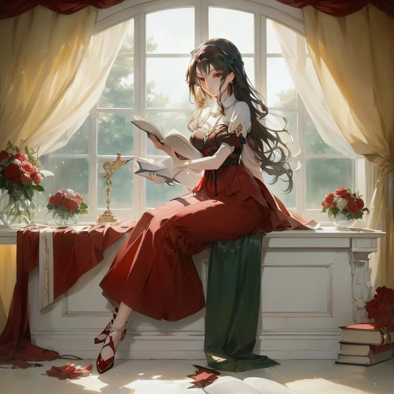 anime girl sitting on window sill reading a book, elegant study, rin tohsaka, anime key visual of elegant, painted in anime painter studio, beautiful anime art, guweiz on pixiv artstation, beautiful anime woman, marin kitagawa fanart, official art, beautiful alluring anime woman, guweiz, guweiz masterpiece, beautiful anime artwork