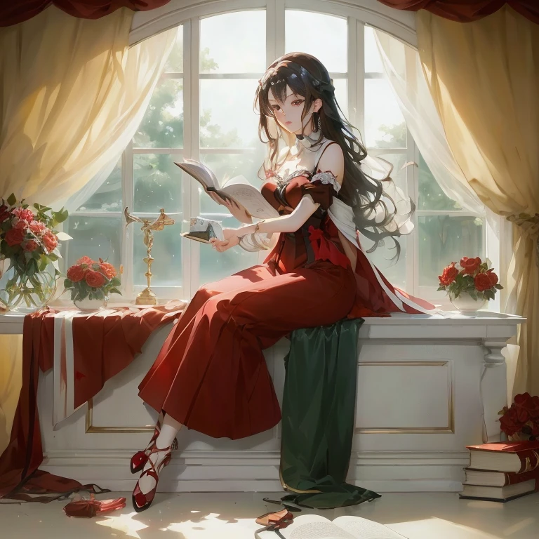 anime girl sitting on window sill reading a book, elegant study, rin tohsaka, anime key visual of elegant, painted in anime painter studio, beautiful anime art, guweiz on pixiv artstation, beautiful anime woman, marin kitagawa fanart, official art, beautiful alluring anime woman, guweiz, guweiz masterpiece, beautiful anime artwork
