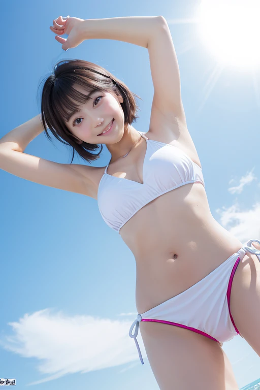 Armpits with pores, Chest Pochi, Small low-rise white bikini, nip-out, high beams, Camel toe, Bery short hair, Tomboy, ((Super cute)), chubby, sweat skin, oiled skin, tan skin, detailed skin, spot lighting