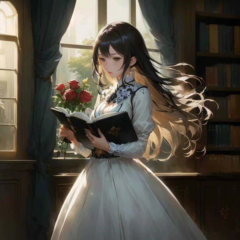 anime girl in white dress holding a book and a rose, epic light novel art cover, epic light novel cover art, rpg book portrait, artwork in the style of guweiz, ; visual novel, guweiz on pixiv artstation, anime key visual of elegant, cushart krenz key art feminine, visual novel cg, artbook artwork
