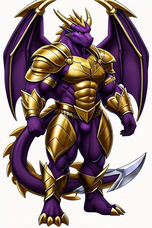 Purple dragon, huge biceps, gold armor , dressed like a knight, posing flirtatiously with his great sword 