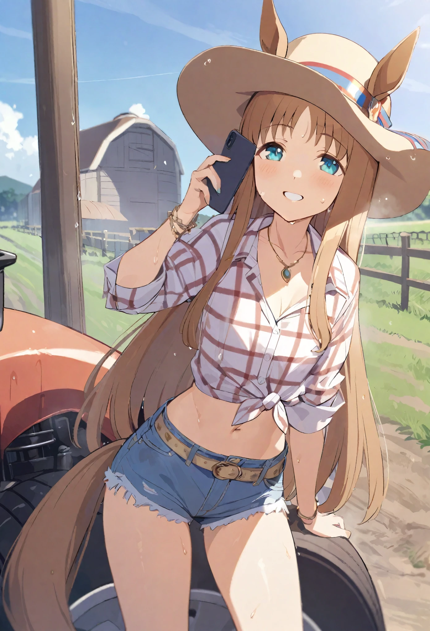 (kinako_(shiratama mochi) style), grass_wonder_\umamusume\), nsfw, masterpiece, denim shorts, buttoned, red plaid shirt, long sleeves, croptop, tied hem, belt, holding smartphone, solo, 1 girl, horse ears, horse tail, bare stomach, sweaty, cowboy shot, cowboy hat, outdoors, grain silo, farm, tractor, fence, slim waist, brown hair, long hair, detailed eyes, beautiful eyes, wet, aqua eyes, necklace, gold bracelet, gold cutouts, jewelries, smiling