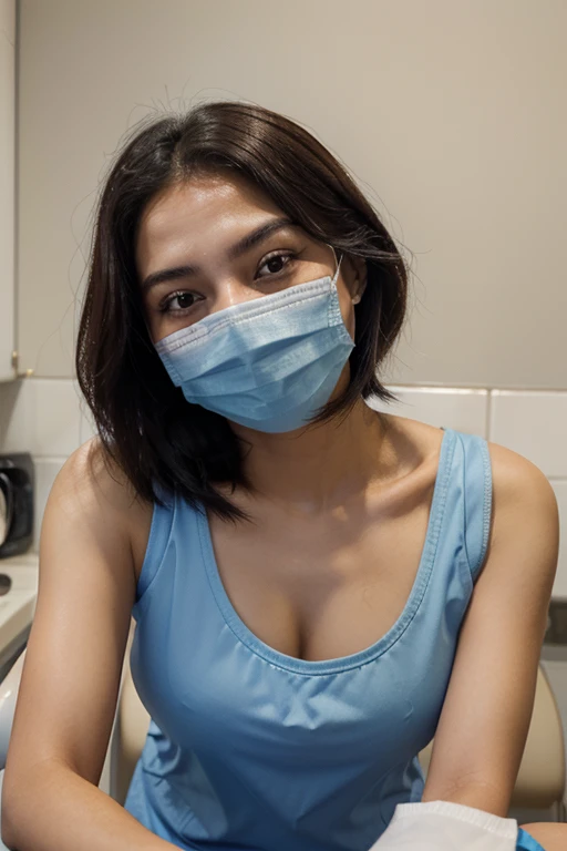 Egyptian woman、20yr old、Smiling gaze、Human skin feel、Realistic Woman、Wearing a blue paper apron and white scrub、Dental Hygienist、dentistry、dentist、clinic、Solo Shot、short-cut、surgical mask、masks、gloves、rubber glove、