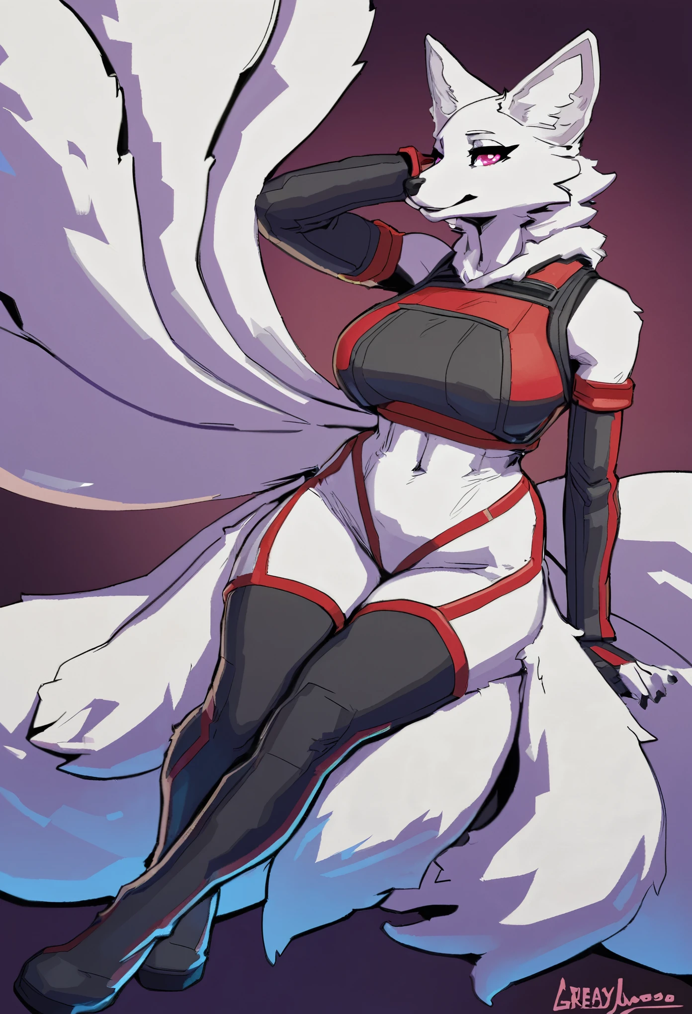 text, top quality, best quality, by greasymojo, High-quality illustrations, masterpiece)(kemono, furry anthro, alone), round, female, white fox, Kimiko Five-Tails, (Fortnite), slim body, wide hips, big breasts, clean eyes, pink eyes, hacker bodysuit