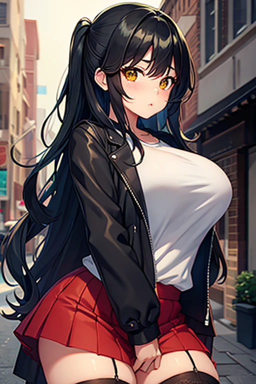 ((In the style of a hentai)), (Masterpiece, Best quality), (( intricate Face,bright eyes )), BREAK, green eyes, black hair, long hair, wavy hair, thick hair, goth girl, black makeup, BREAK, white t-shirt, black jacket, red skirt, black stockings, big breasts, BREAK, cityscape background