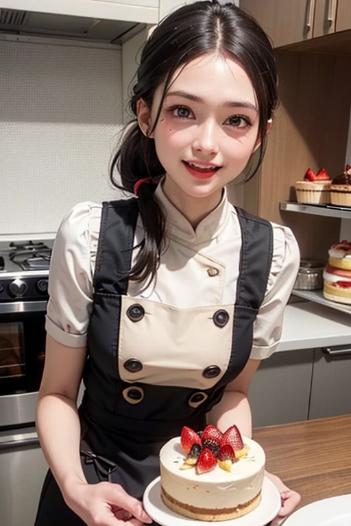 (dynamic angle:1.3, front view:1.1, breast focus:1.3, from above:1.1), (dynamic posing:1.2, sexy posing:1.2), (seductive smiling:1.3), ((looking at cake,Taking a cake out of the golden oven, worried about the outcome:1.2)),highest quality、(real、photorealistic:1.4),(ultra high resolution, 8K RAW photo, clear focus), best qualtiy, natural lighting, field depth, (Bright pupils, detailed beautiful eyes, high detailed face), Red lip, (tight focus:1.2), a girl 22yo old, Wearing a pastry chef uniform:1.3 , Thicc, thin breast, long hair, blue eyes,a pastry pretty girl:1.1, (highly detailed beautiful face and eyes,small breasts),real skin,((black,hair,long pony tail hair)),thin pubic hair,cute,lovely, detailed eyes,(double breasted:1.0,under bust:1.0),(with sparkling eyes and a contagious smile),open mouth, Looking at Viewer,A scene of cooking in the kitchen with the oven made by goldden
