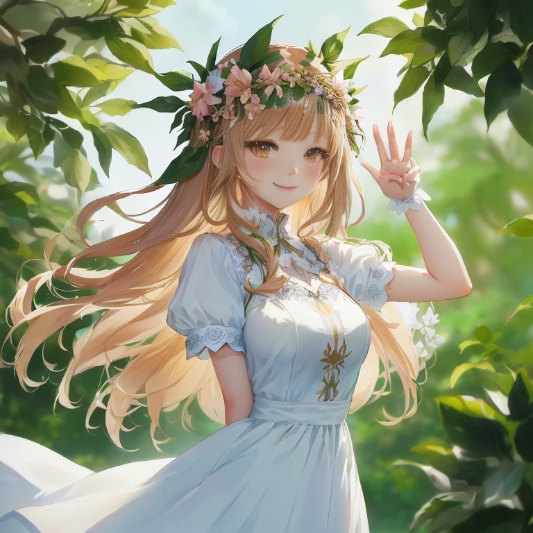 anime girl with long hair and flower crown in a garden, goddess of nature, beautiful maiden, beautiful anime portrait, smiling as a queen of fairies, queen of nature, cute anime waifu in a nice dress, a maid in a magical forest, marin kitagawa fanart, holo, in dress, goddess of summer, anime goddess, beautiful anime girl