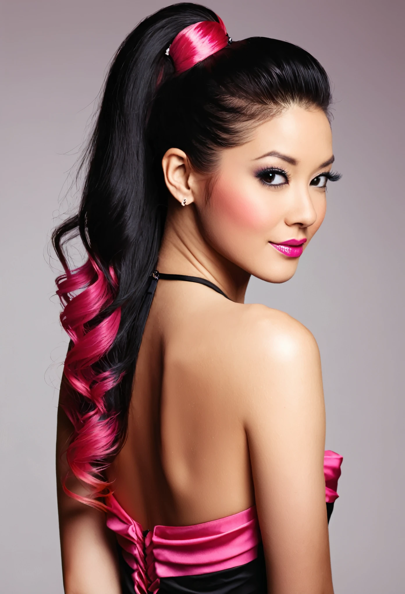 A woman with long hair half up with her hair colored half black and half pink and wearing a sexy black dress
