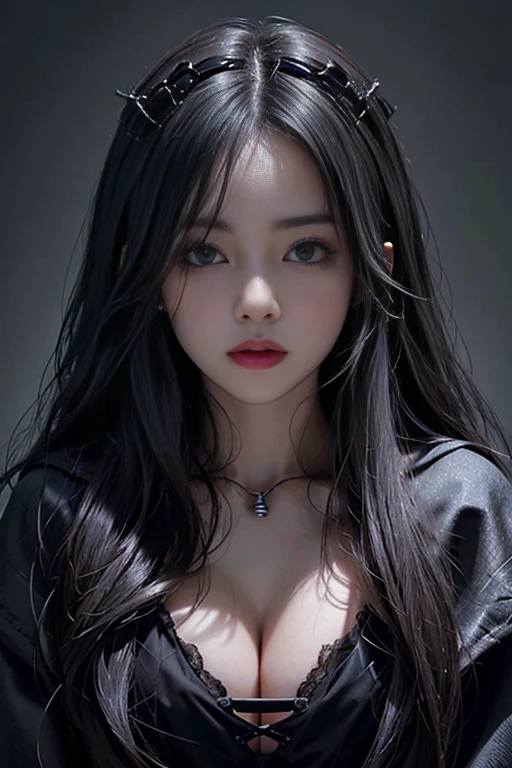 Cleavage, Volumetric lighting、Highly detailed face、One girl、dark、Deep Shadow、Low Key、Cowboy Shot、(Formula Services:1.4)、Hair length、Gray Hair、naked