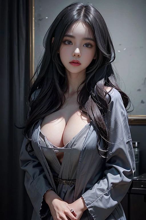 Cleavage, Volumetric lighting、Highly detailed face、One girl、dark、Deep Shadow、Low Key、Cowboy Shot、(Formula Services:1.4)、Hair length、Gray Hair、naked