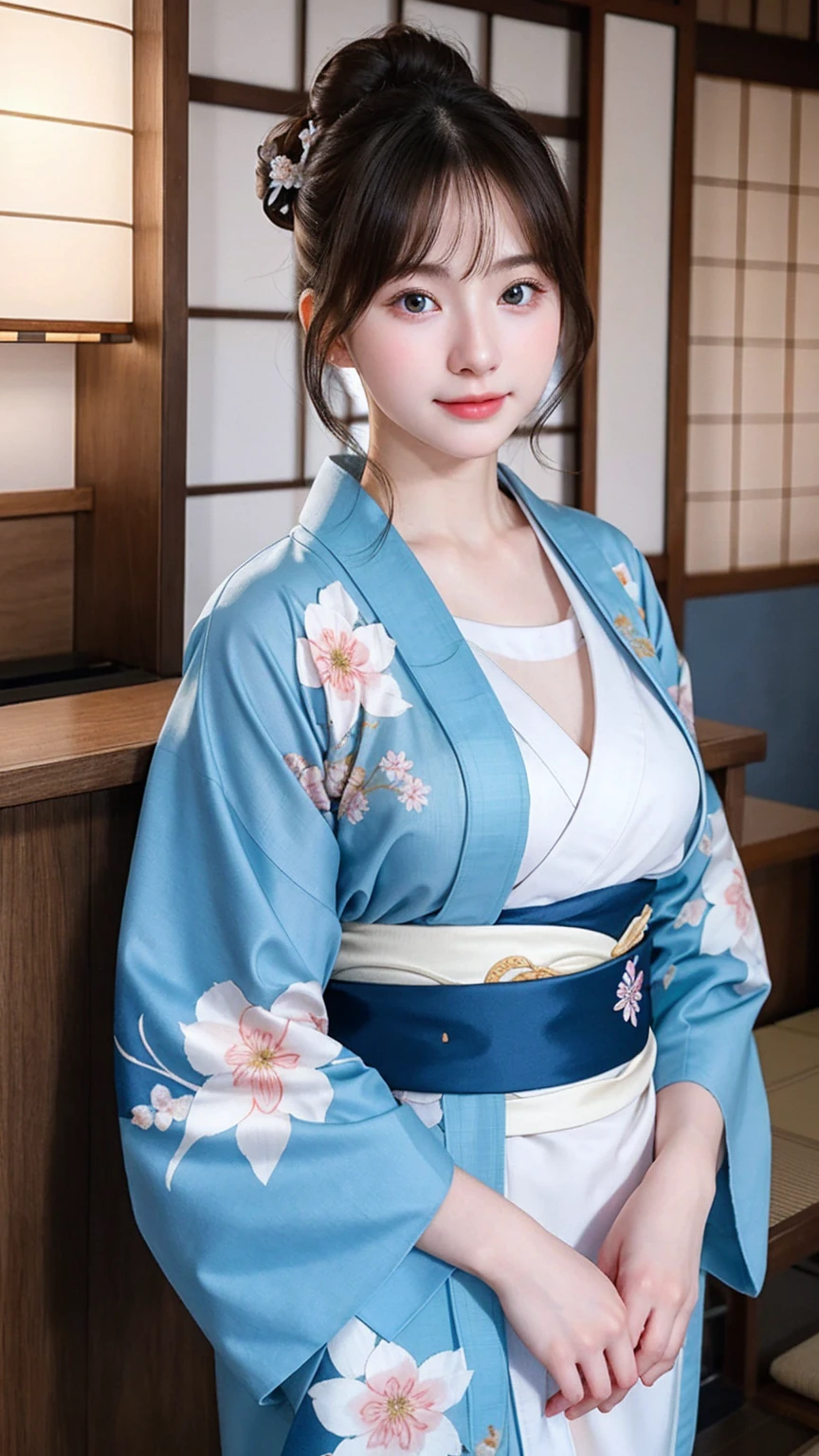 ((best quality)), photorealistic, photorealism, Photorealistic, high resolution, Beautiful, , 20 Years Old, White Skin, pale skin, medium breast, seductive pose, dynamic pose, looking at the camera, (Detailed face), bun hair, sexy body, (wearing japanese blue kimono), (japanese flowers motif kimono), Fingers are occluded, bokeh, cafe background