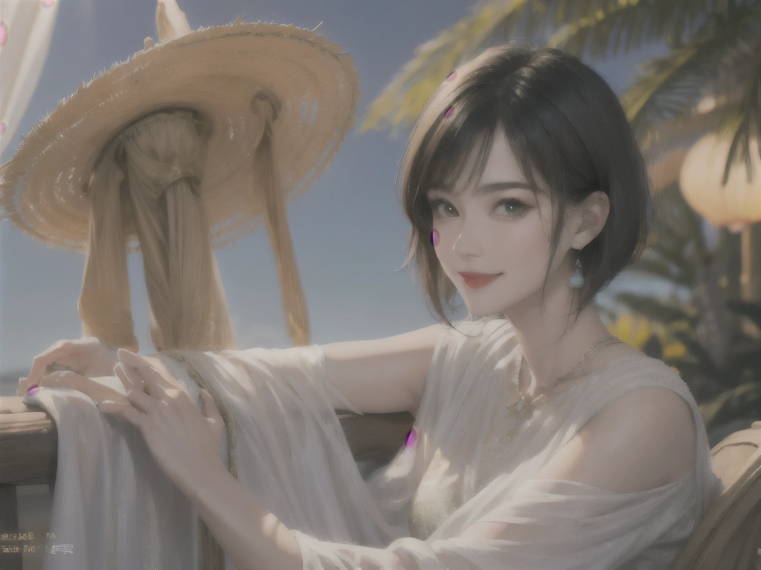235 20-year-old female, short hair, Summer travel magazine, A kind smile, lipstick, Photo quality, Ultra-realistic