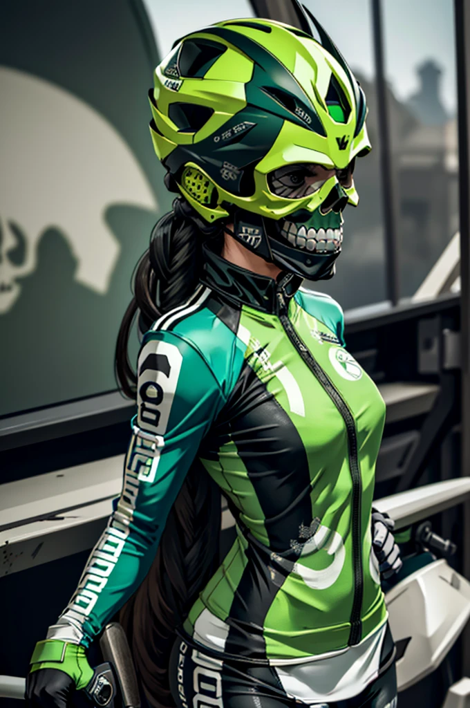 1woman, road cycling speed, long hair, green skull head, cycling suit and short, jersey, helmet, skull face head,