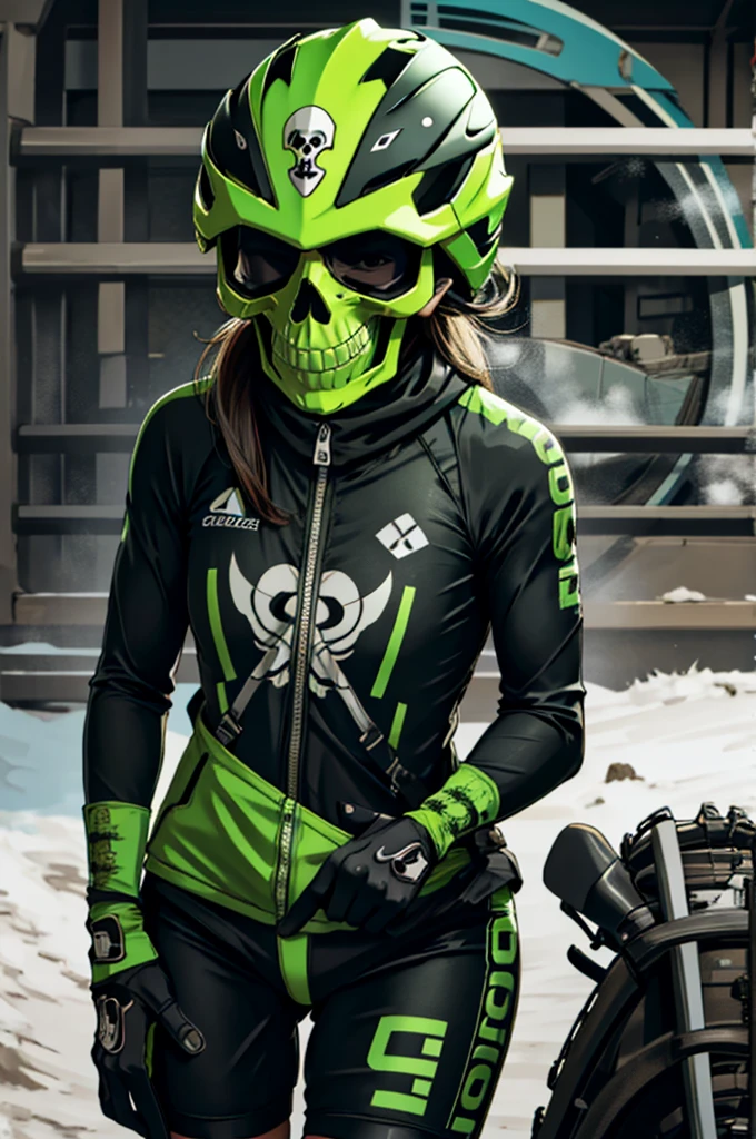 1woman, road cycling speed, long hair, green skull head, cycling suit and short, jersey, helmet, skull face head,