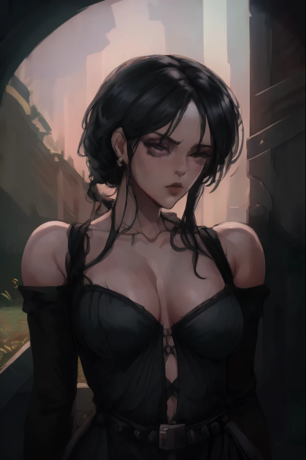 Jortega, Photorealistic, mature female, (((in Italian Countryside))), (((wearing sexy little black club dress))), Detailed skin, detailed body, Natural Skin Texture, realistic skin, skin pores, intricate detail, raw photo, lifelike rendering, immersive atmosphere, chiaroscuro, moody lighting, perfect female body, ((mid shot))