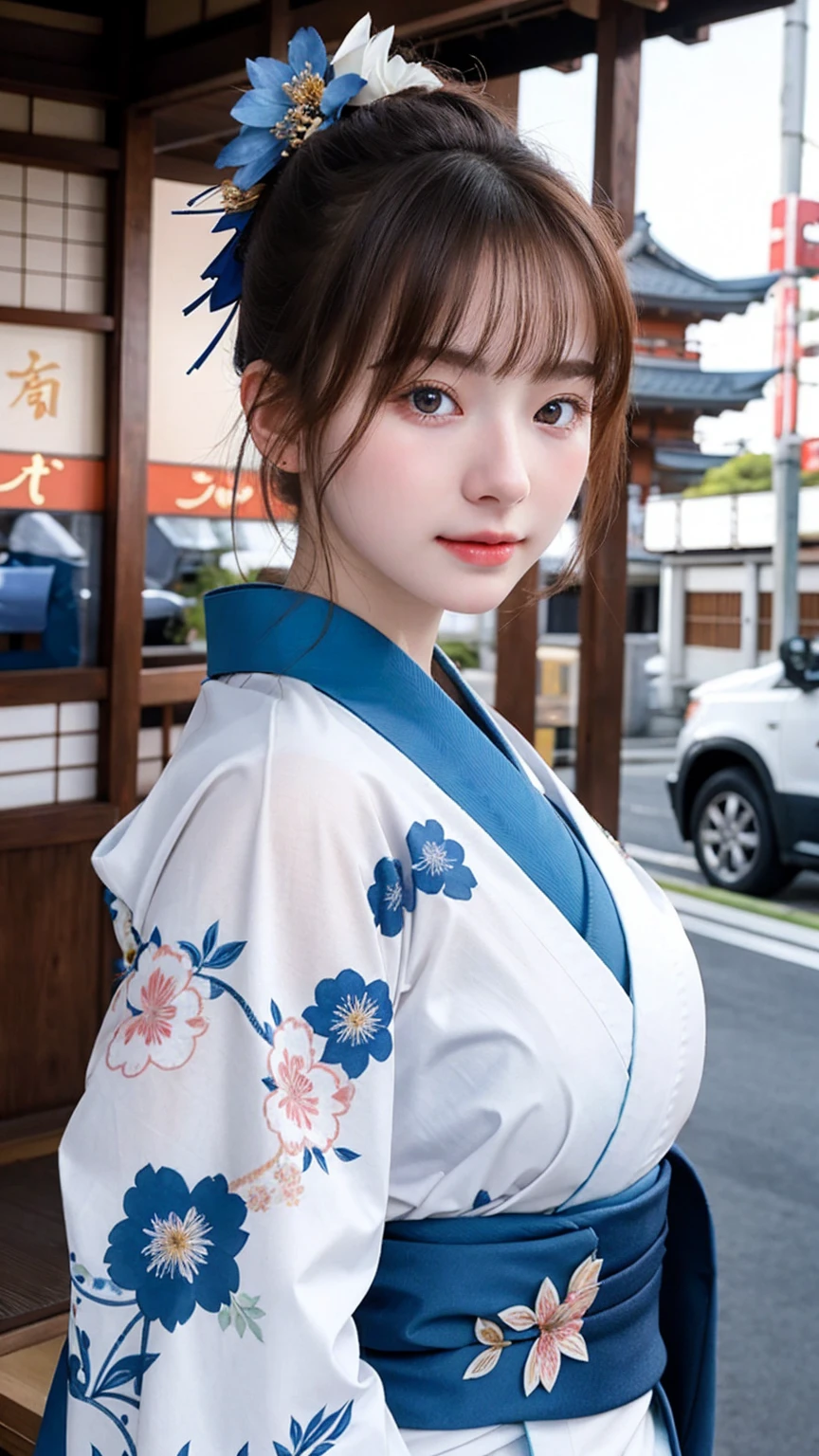 ((best quality)), photorealistic, photorealism, Photorealistic, high resolution, Beautiful, , 20 Years Old, White Skin, pale skin, medium breast, seductive pose, dynamic pose, looking at the camera, (Detailed face), bun hair, sexy body, (wearing japanese blue kimono), (japanese flowers motif kimono), Fingers are occluded, bokeh, cafe background