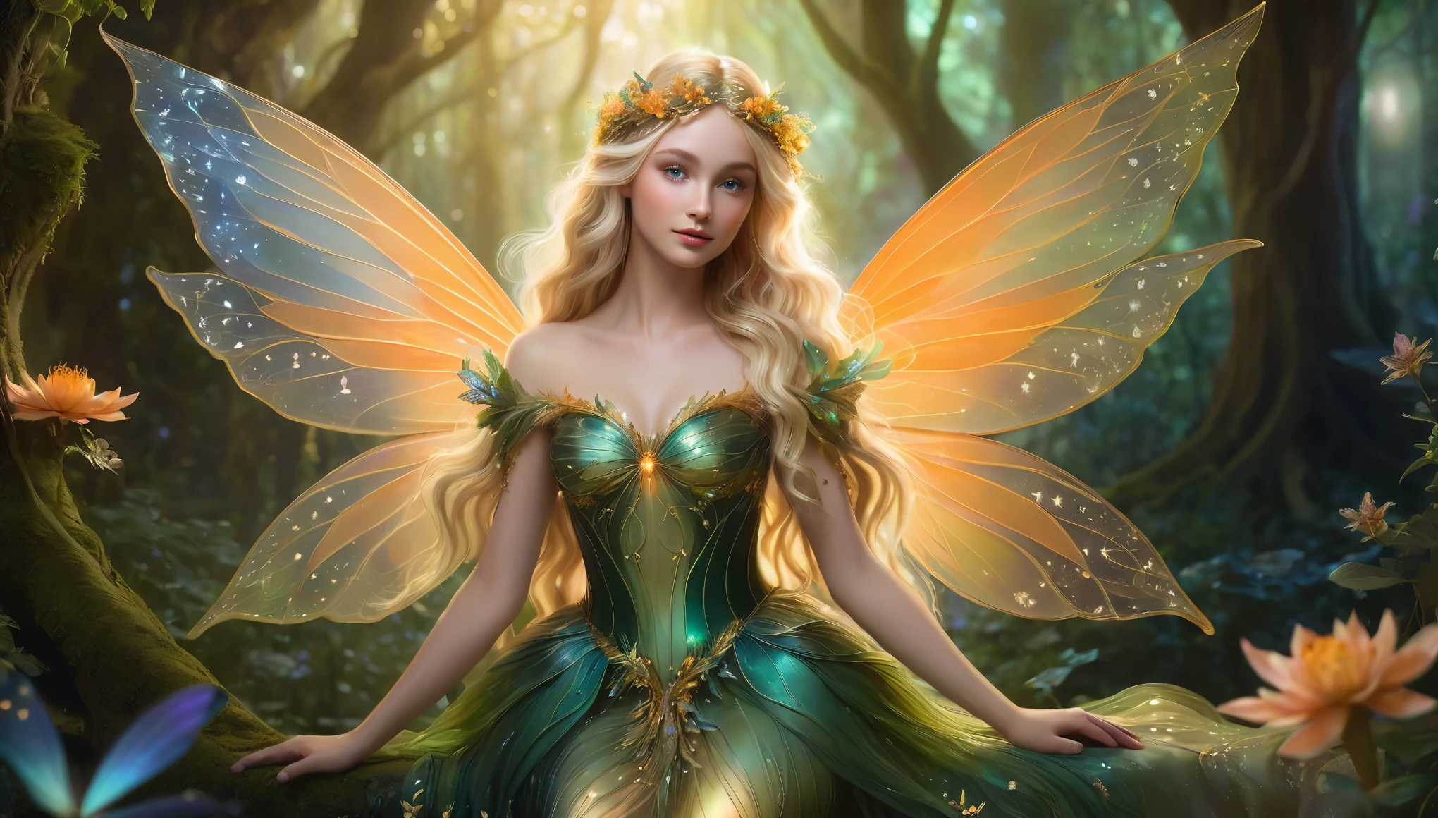 A hyperrealistic, vibrant illustration of a mystical fairy in an enchanting forest setting. The central figure is a beautiful fairy with wavy blonde hair
adorned with delicate flowers and leaves. She has a serene expression as she gazes at a glowing orb she holds in her hands. Her outfit is an intricately designed dark green and gold dress with metallic accents, emphasizing her ethereal nature. Her large, iridescent wings blend shades of orange and gold, featuring delicate patterns. The background depicts a magical forest at twilight, with soft ambient lighting creating a mystical atmosphere. The lush, dense forest is filled with hints of magical creatures and glowing lights, adding to the enchanting feel. The lighting highlights the fairy's delicate features and the intricate details of her attire, creating a captivating and other, cinematic, photo
