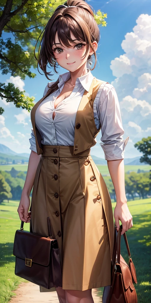 1girl, full body, solo, summer, village, trees, sun, clouds, ((brown hair)), ponytail, large breasts, ((brown vest)), button down shirt, ((white shirt)), ((short sleeved shirt)), ((unbuttoned shirt)), unbuttoning buttons, cleavage 1:3, brown eyes, skirt, smile, looking at the viewer, standing, hair ribbon, golden necklate, shoulder bag