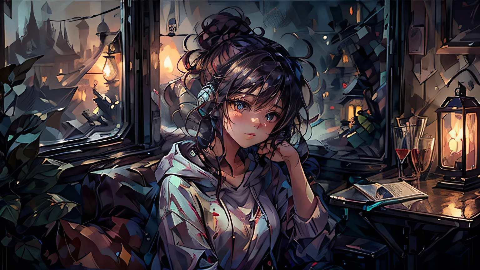 A beautiful girl is sitting in a quiet room, Looking out the window with headphones on on Christmas night. The room is lit by soft moonlight., All I can hear is the gentle hum of the city outside.. The girl is wearing a comfortable oversized hoodie and leggings, Her hair is tied up in a messy bun. She is smiling and relaxed, The music she listens to seems to bring her peace..