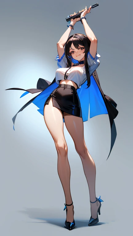 full body picture of girl with big breasts and big butt , long Brown black hair With blue highlights . bushing and smiling. with a collar around her neck wearing highly reviling clothes That is Just a see through White Tight fight cold Shoulder Tube crop top shirt That shows her breasts and tits. And a black dropped waist micro skirt That shows her extra small high rise g string panties And part of her butt. And high heels . Spreading her legs and arms out sexy