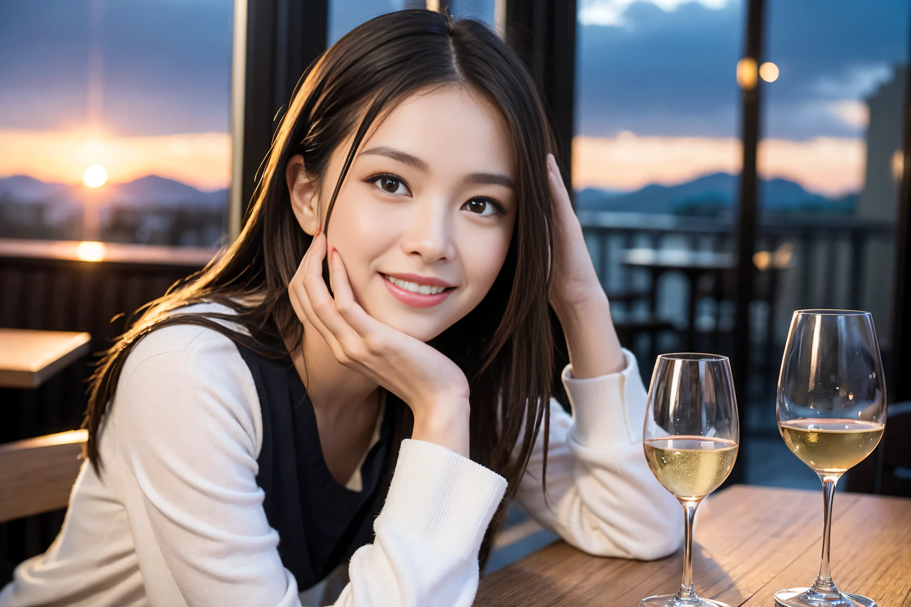 ((highest quality、8k、masterpiece:1.3))、Sharp focus:1.2、Beautiful woman perfect body:1.4、Slim body、((Bob Hale、Straight hair:1.2))、(to be born, highest quality, masterpiece:1.5), (Realistic, Intricate details:1.2), Ultra-high resolution, Amazing view of the sunset sky and clouds、Amazing mountain views、A bright smile、A lovely woman with a smile、Bright image、2. The beauty of wine, Beautiful Face, blue eyes, The light shines on your face, Blushing, short hair,Bright Face、Fox face、 (36 years old), 39 years old, Lady、red wine 、Appetizers、Italian food、Wine bottle、Champagne、sparkling wine、Two beauties、Brown Hair、Shortcuts、Long sleeve shirt、dress、Pretty Woman 1, (Slim face), (The body is slim), (Brown Hair), (Shortcuts), cheeks turn a little red,Attractive beauty、, Out of the window, A beautiful and detailed night view unfolds.........., restaurant, In a prominent place (From the waist up) Nova Frog Style, actress, model, Upper Body, White wine, slim, wine glass, Wine glass placed in the center, smile, (smile: 1.15), Beautiful fine grain, Depth f/2,saturation, High Contrast, Strong light and shadow,Moist Body:1.5、3D texture、Delicate eyes、Brown Hair、The hair is very shiny、