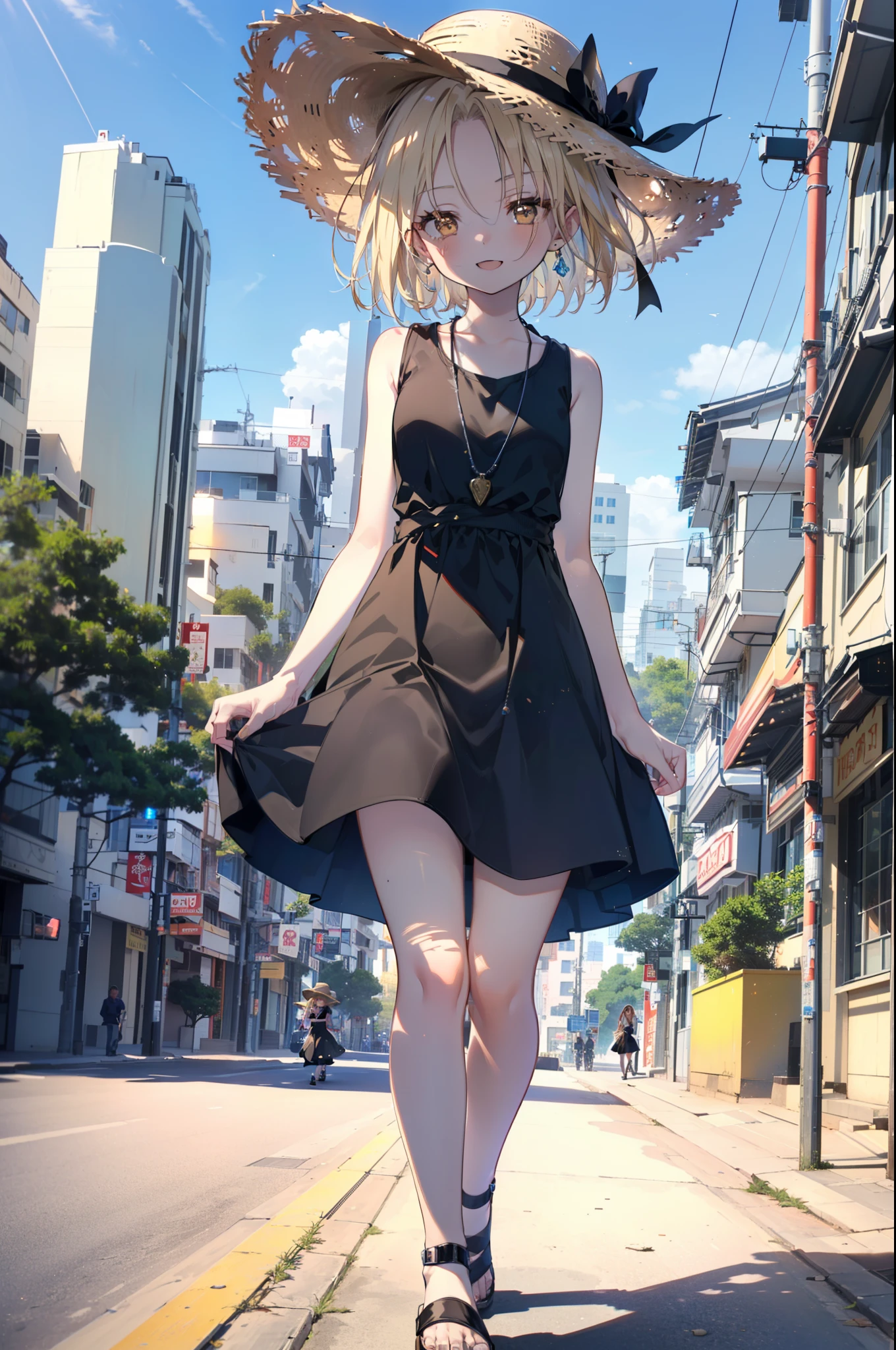 (annakyouyama, anna kyouyama, Blonde Hair, short hair, (Brown eyes:1.7),happy smile, smile, Open your mouth,Big straw hat,Black sleeveless dress,Long skirt,Cute Sandals,Daytime,Clear skies,Walking,
壊す looking at viewer, whole body,
Destroy outdoors, Building district,Destroy the coastal road (masterpiece:1.2), highest quality, High resolution, unity 8k wallpaper, (shape:0.8), (Fine and beautiful eyes:1.6), Highly detailed face, Perfect lighting, Highly detailed CG, (Perfect hands, Perfect Anatomy),