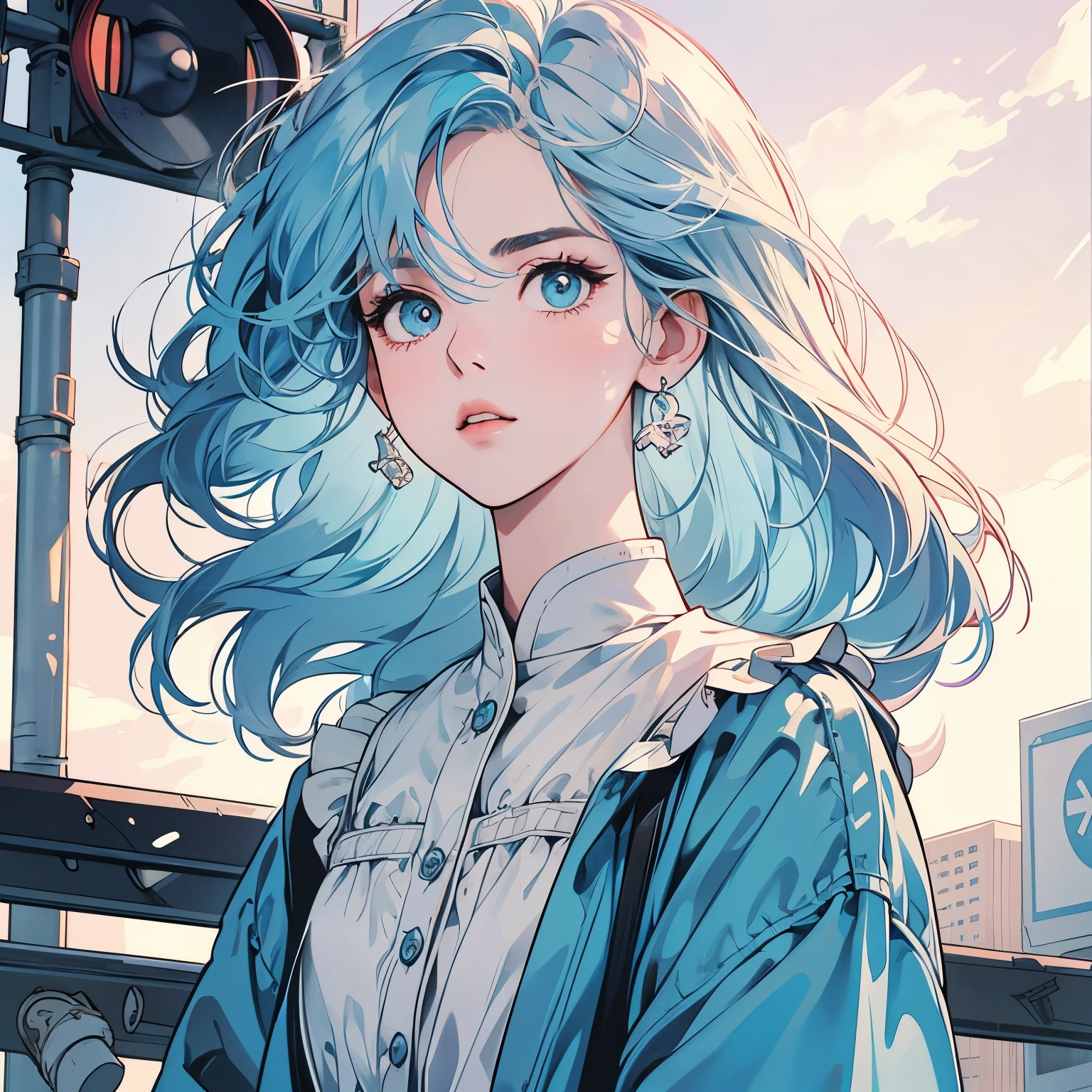 upper body、from below、1 pretty woman、4k、shirt、pedestrian crossing、Signal 、intersection、Complex background、Detailed Hair、Light blue hair、Faint lighting、Strong gaze、The wind is blowing、Clear Eyes、highlight、looking at viewer、heterochromia、piercing eyes