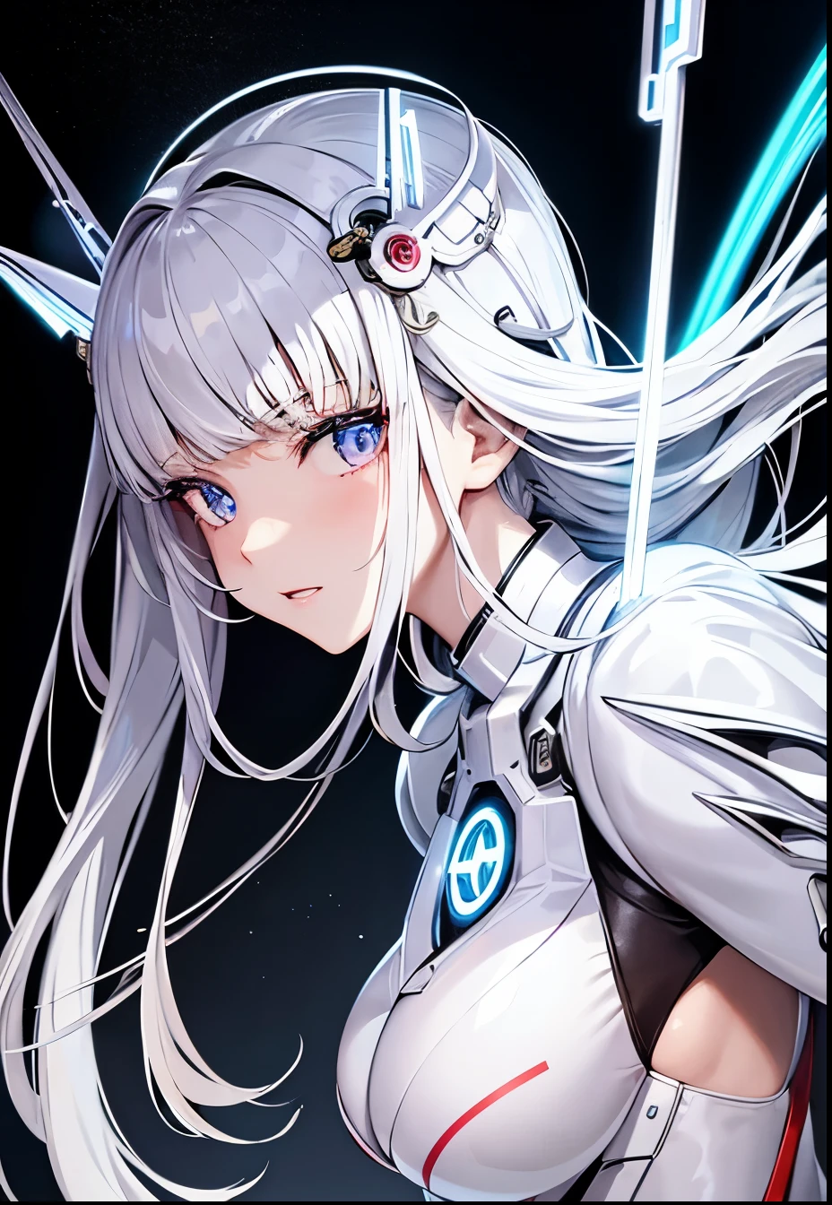 Photo of a Japanese female android in her mid-twenties made of glossy white and silver translucent glass and plastic, Geisha makeup and hairstyle, Silver-colored metal internals, Dynamic pose, Flowing organic structure, Shiny gold circuit, colorful Neon Trim, Glowing Circuit, Neon Trim, Depth of Field Focus F/2.8, art：H.r. Giger, Greg rutowski