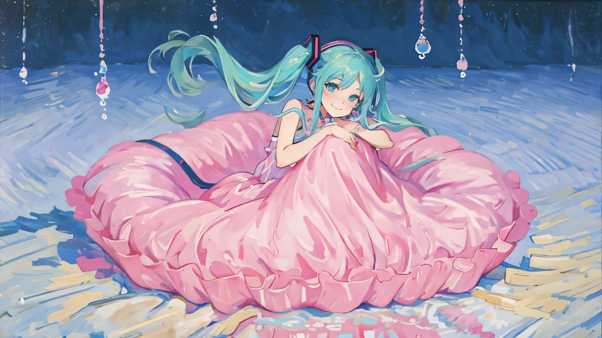 ((best quality)), ((masterpiece)), (detailed), perfect face, 1girl, hatsune Miku, smiling, whimsical, triad color pallette, hugging knees, looking at viewer, pink water droplets, smiling, flat colouring, full body, blank space on the left,