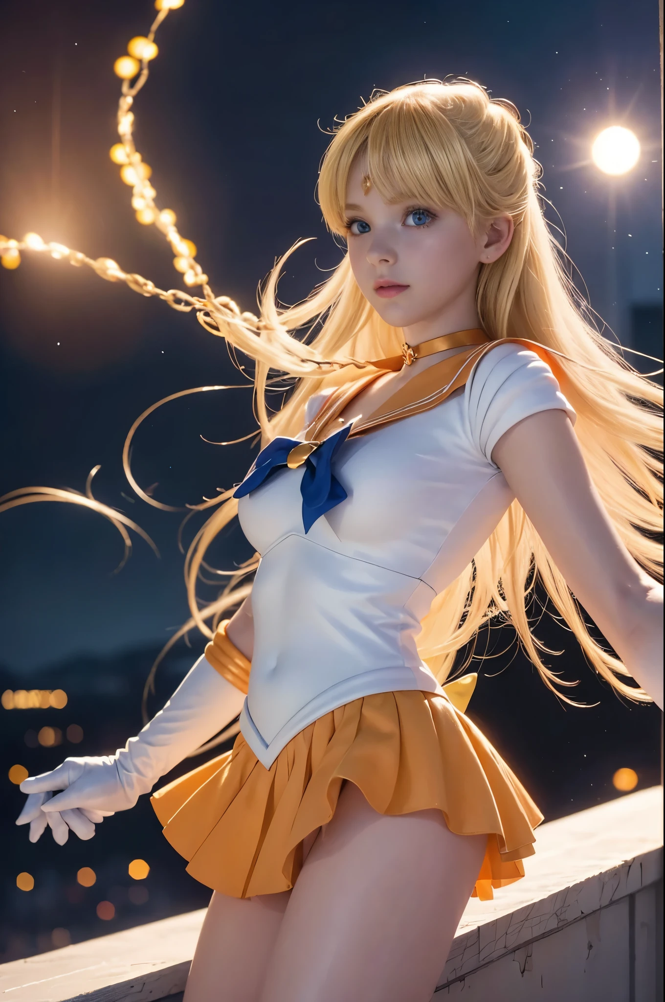 ((very nice photograpy taken using an iPhone 15 Pro in highest quality settings as possible)) ((Sailor Venus Character for a real life Hollywood Blockbuster)) Very beautiful slender blonde, slim childish model named Mina, small breasts, light blue eyes, pink lips, pink nipples, in development breast, Highly detailed, 8yo, 10yo, 11yo, 12yo, slender, full body, innocent face, naturally wavy hair, full body, hyper detailed, High resolution, Masterpiece, best quality, intricate high detail, Highly detailed, Sharp focus, detailed perfect skin, realistic skin texture, realistic texture, detailed eyes, detailed pupils, professional look, 4k, charming smile, shot with canon, 85mm, slight depth of field, Kodak color vision, childish Body, extremely detailed, photographer_\(ultra\) , photograph super realistic, realistic moonlight, Post-processing, maximum details, roughness, real life, ultrarealistic, photorealism, photography, 8k HD, in a rooftop pool at midnigth, ((orange plated mini skirt)) ((cameltoe just a little visible)) (((Take all time you need)))) ((make it looks so real, accurate and detailed action movie)) ((midnight photography)) ((giant blue moon)) ((outside at night)) ((building rooftop)) ((big incredible moon in the sky)) ((pretty innocent girl)) masterpiece, best quality, hyperrealistic, cinematic photo, ((perfect heroine)) ((baby face)) pale skin, american amazing slim body, ((Sailor Senshi full Uniform)), (((Marvel Cinematic Universe quality costume))) ((Sailor Venus anime character full uniform)), light blonde hair, Magical girl, She is waving a chain with her hand) (her chain is golden and each link have heart shape, blue eyes, Orange skirt, elbow bag, small gold tiara on her forehead, orage plated mini skirt, red hair ribbon, orange sailor collar, mini skirt, choker, elbow length full gloves
