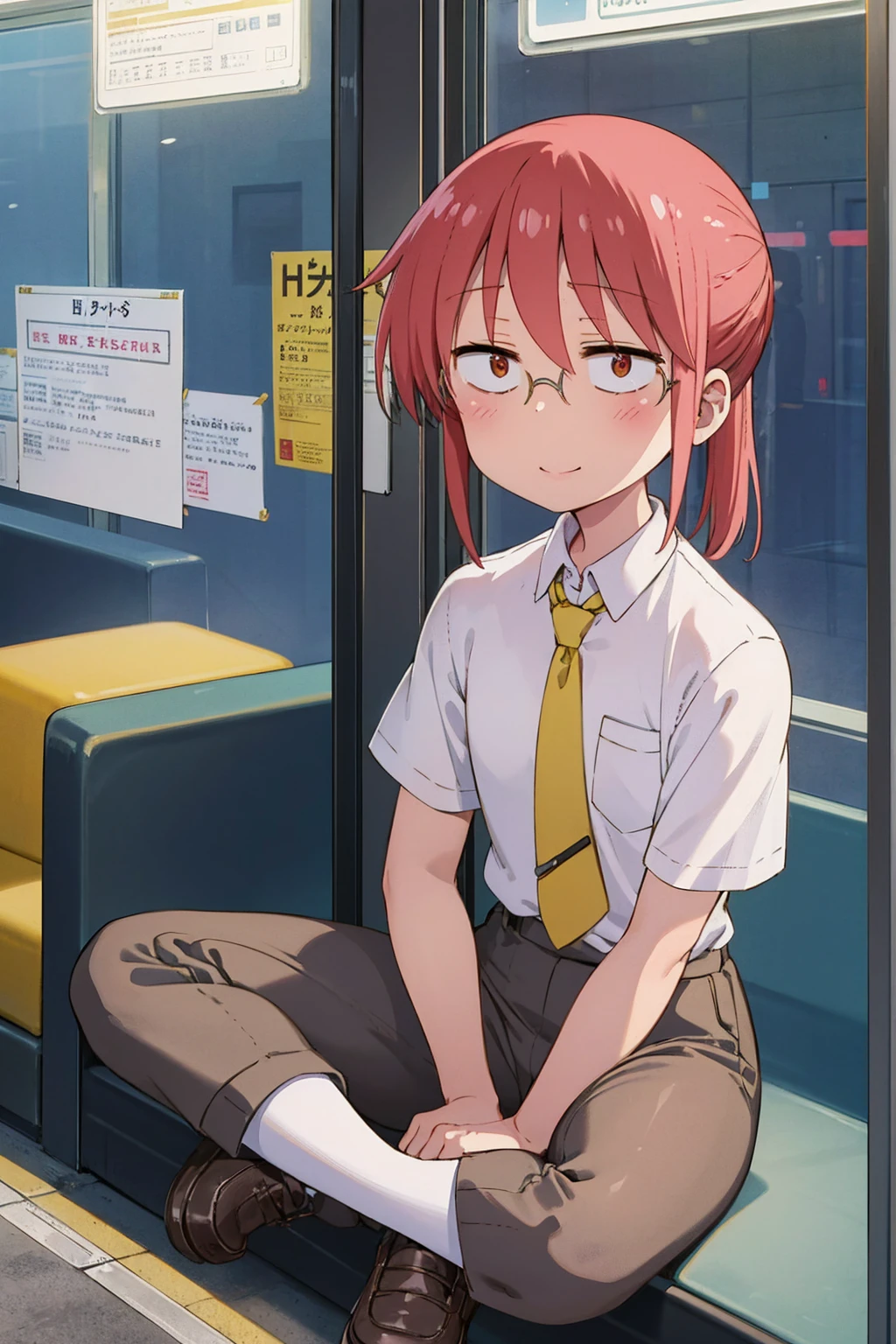 absurderes, solo, ​masterpiece、top-quality、Kobayashi,1 girl, white shirt, relised yellow tie, black office pants,short sleeves、office shoes, tired, flat chest, Highly detailed body lines, in a subway car, sitting, front view, night, spread legs, legs up, cameltoe, wet, shy, aroused, seductive smile, drunk,