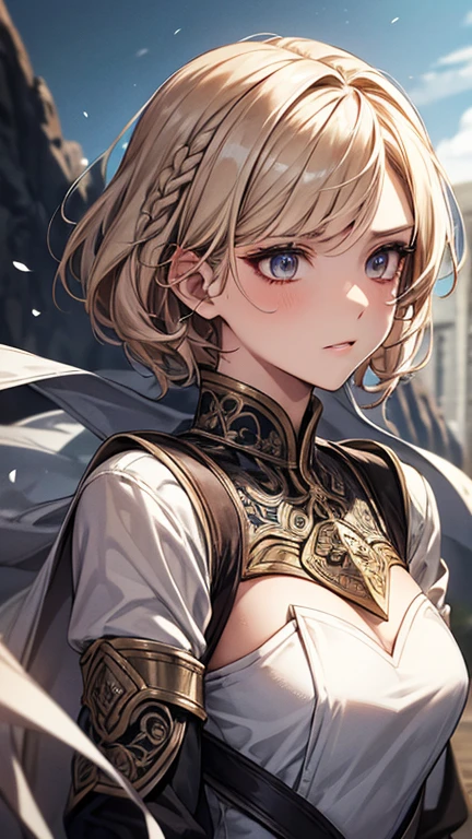 25 year old female adventurer、Arianna Silverwraith。She is 176cm tall、(She has short, asymmetrical blonde hair.、Some are woven)。Arianna wears intricately patterned silver armor.、Reflects the influence of ancient magical cultures。Her hairstyle is unique、Asymmetrical short cut with several sections elaborately braided。Her personality is free-spirited and courageous.、Have a strong sense of justice、Dedicated to protecting the vulnerable。She has confidence and strength、Embodying the spirit of a seasoned warrior and explorer。Her eyes are sharp and determined.、Showing you&#39;re ready for any challenge。In the background、To emphasize her role as an adventurer、Draw an adventurous setting, such as ancient ruins or a mysterious forest。She is equipped with a sword、Looks like they&#39;re ready for action。