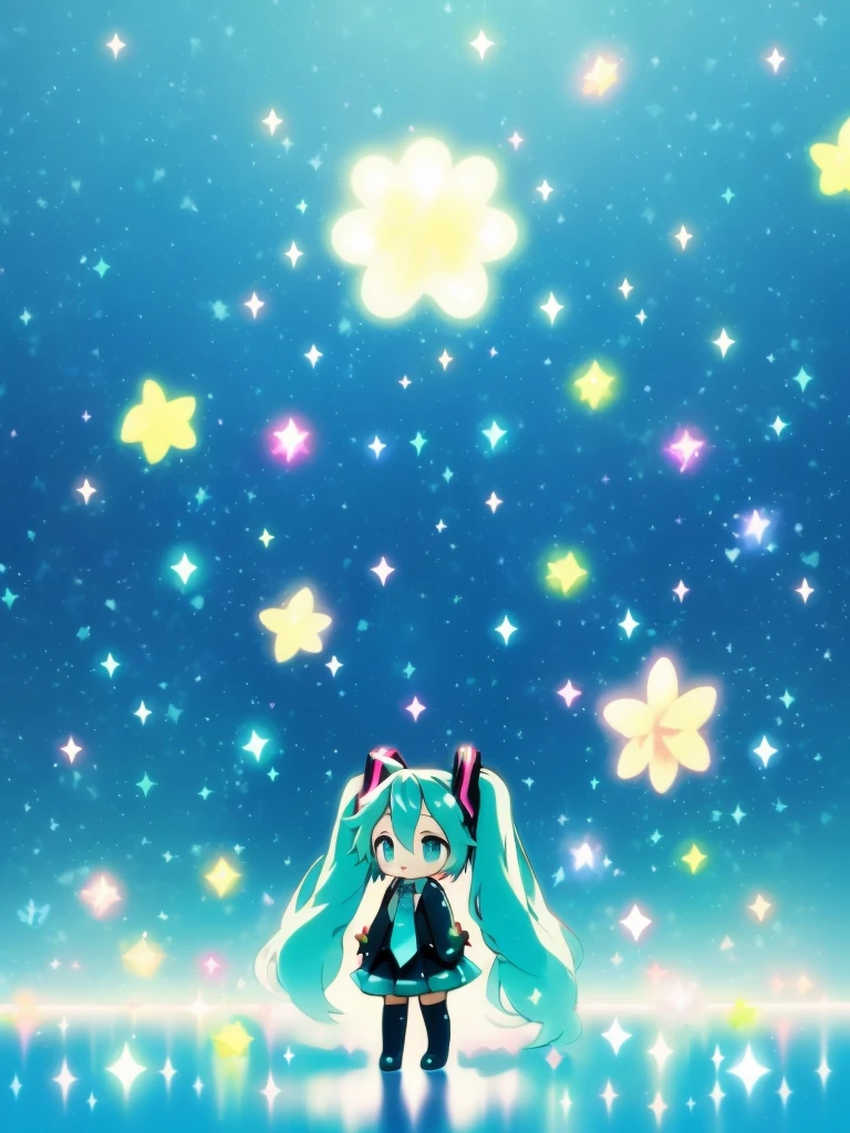 Face Focus, masterpiece, highest quality, 1 girl, Hatsune Miku, Sparkling colorful, Sparkly butterfly，Twinkle Star，Sparkling Heart，Night Background, Firefly, Particles of light, alone, Twin-tail aqua hair, Aqua Eye, Cute Smile，Are standing, Pixiv, Written boundary depth, Structure of the film, Best lighting, look up