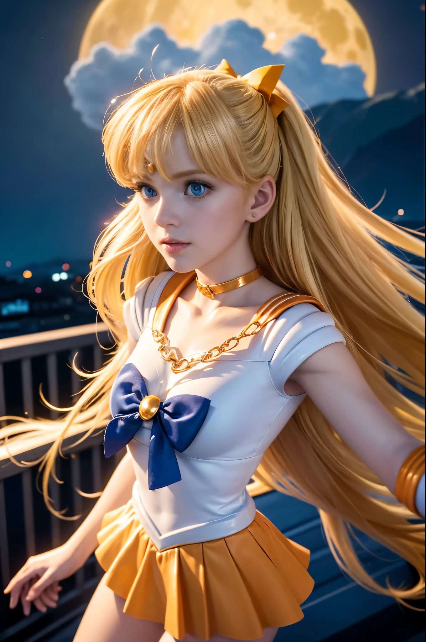 ((very nice photograpy taken using an iPhone 15 Pro in highest quality settings as possible)) ((Sailor Venus Character for a real life Hollywood Blockbuster)) Very beautiful slender blonde, slim childish model named Mina, small breasts, light blue eyes, pink lips, pink nipples, in development breast, Highly detailed, ***, ****, ****, ****, slender, full body, innocent face, naturally wavy hair, full body, hyper detailed, High resolution, Masterpiece, best quality, intricate high detail, Highly detailed, Sharp focus, detailed perfect skin, realistic skin texture, realistic texture, detailed eyes, detailed pupils, professional look, 4k, charming smile, shot with canon, 85mm, slight depth of field, Kodak color vision, childish Body, extremely detailed, photographer_\(ultra\) , photograph super realistic, realistic moonlight, Post-processing, maximum details, roughness, real life, ultrarealistic, photorealism, photography, 8k HD, in a rooftop pool at midnigth, ((orange plated mini skirt)) ((cameltoe just a little visible)) (((Take all time you need)))) ((make it looks so real, accurate and detailed action movie)) ((midnight photography)) ((giant blue moon)) ((outside at night)) ((building rooftop)) ((big incredible moon in the sky)) ((pretty innocent girl)) masterpiece, best quality, hyperrealistic, cinematic photo, ((perfect heroine)) ((baby face)) pale skin, american amazing slim body, ((Sailor Senshi full Uniform)), (((Marvel Cinematic Universe quality costume))) ((Sailor Venus anime character full uniform)), light blonde hair, Magical girl, She is waving a chain with her hand) (her chain is golden and each link have heart shape, blue eyes, Orange skirt, elbow bag, small gold tiara on her forehead, orage plated mini skirt, red hair ribbon, orange sailor collar, mini skirt, choker, elbow length full gloves
