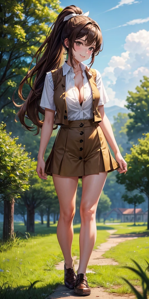 1girl, full body, solo, summer, village, trees, sun, clouds, ((brown hair)), long hair, ponytail, large breasts, ((brown vest)), button down shirt, ((white shirt)), ((short sleeved shirt)), ((unbuttoned shirt)), unbuttoning buttons, cleavage 1:3, brown eyes, skirt, smile, looking at the viewer, standing, hair ribbon, golden necklate