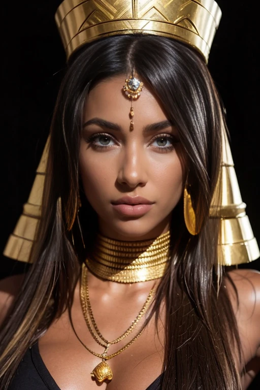 Racy Egyptian Pharaoh goddess woman from Sudan with refined gold thread tattoos on face ((couleur de la peau très noire))