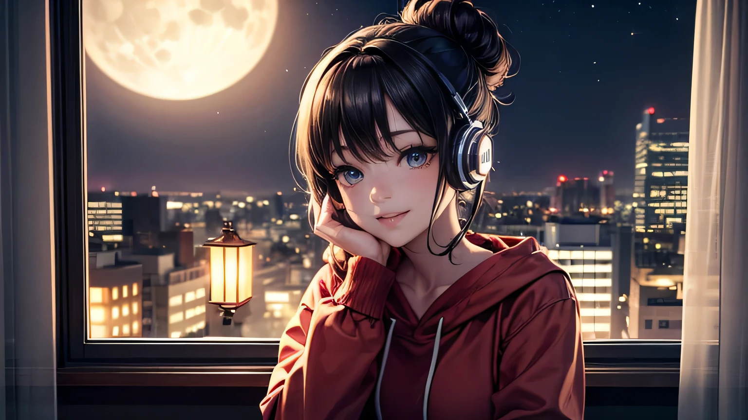 A beautiful girl is sitting in a quiet room, Looking out the window with headphones on on Christmas night. The room is lit by soft moonlight., All I can hear is the gentle hum of the city outside.. The girl is wearing a comfortable oversized hoodie, Her hair is tied up in a messy bun. She is smiling and relaxed, The music she listens to seems to bring her peace.. Ultra-high resolution, Accurate, Super detailed, Textured skin, High detail, highest quality, 8k,Thin bangs,Upper Body,Thick body, Well-drawn eyes,