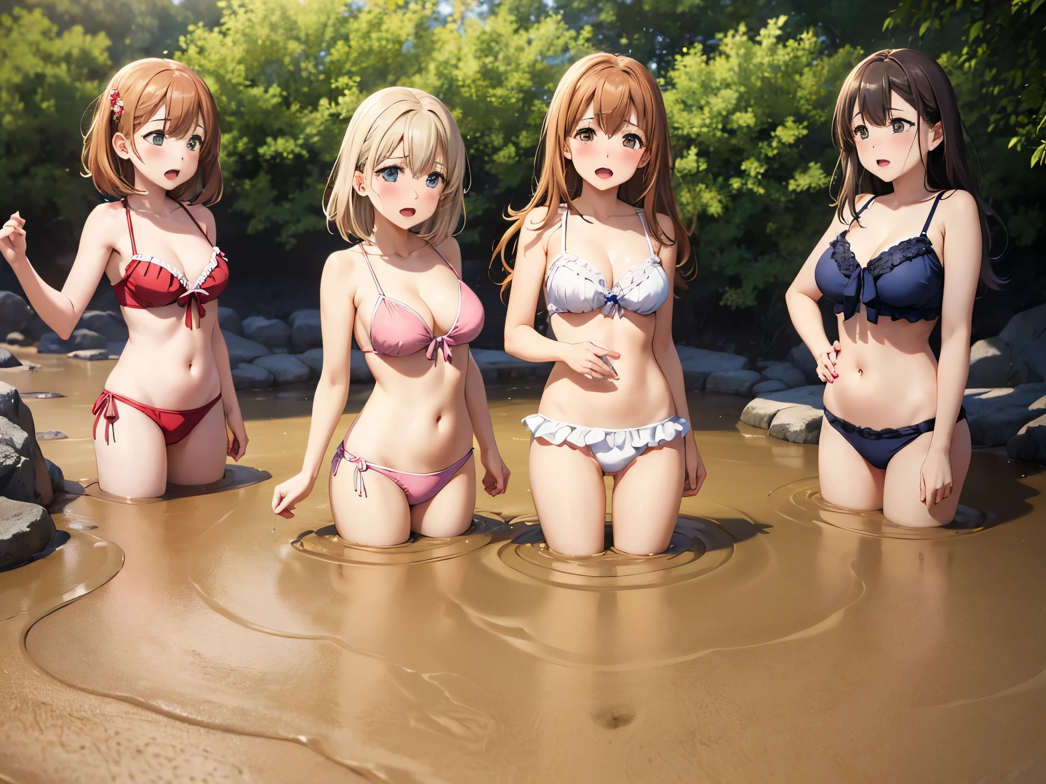 ((5girls)), (multiple girls:1.3), masterpiece, best quality, high res, highly detailed, illustration, beatiful detailed eyes, yuigahama yui, arisa ayase, aichan, glossy lips, light makeup, scream, crying, (quicksand:1.3), swimsuit