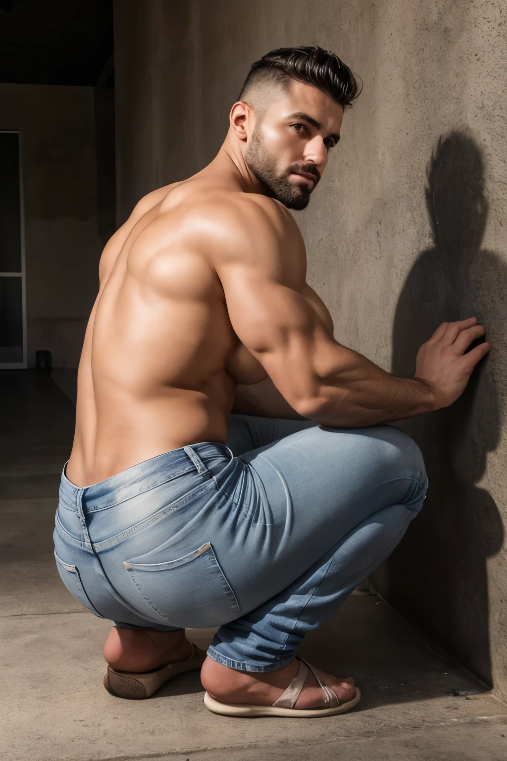 Beautiful man 30 years old, muscular body, barba rala, mas seu rosto esta iluminado pela fogueira. Gray Jeans ((backside)) crouched