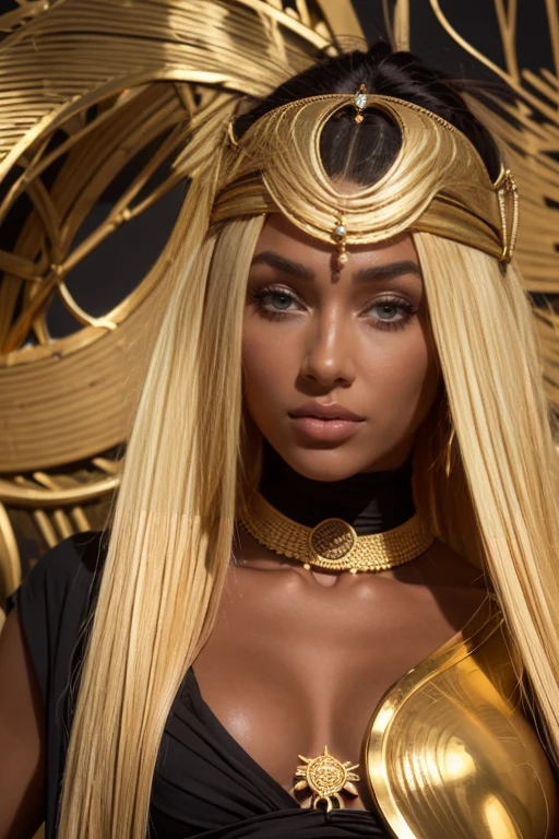 Femme goddess égyptienne pharaon avec la peau très noire Soudan racée avec tatouages raffiné en fils d'or sur le visage ((couleur de la peau très noire))