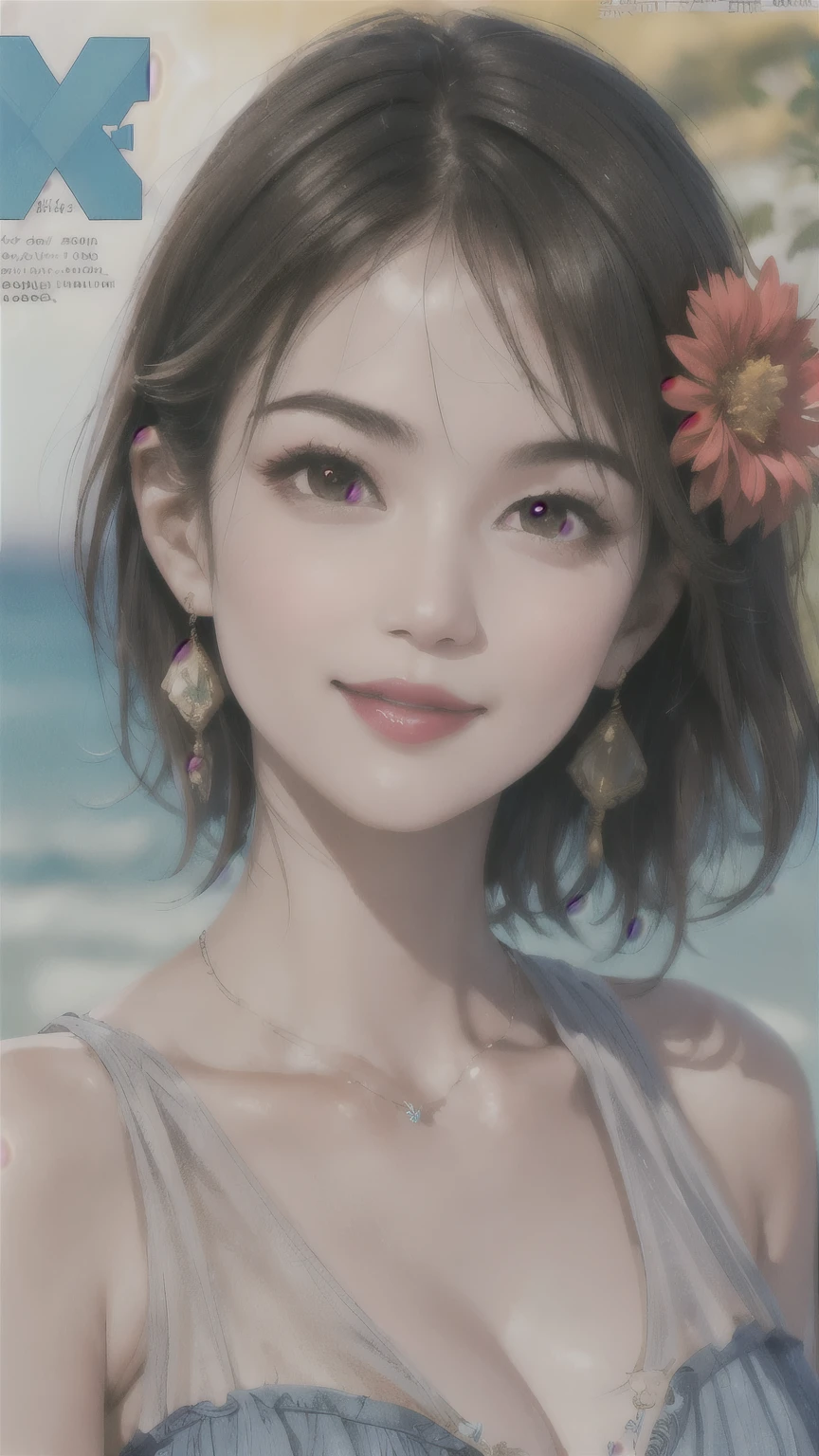 235 20-year-old female, short hair, Summer travel magazine, A kind smile, lipstick, Photo quality, Ultra-realistic