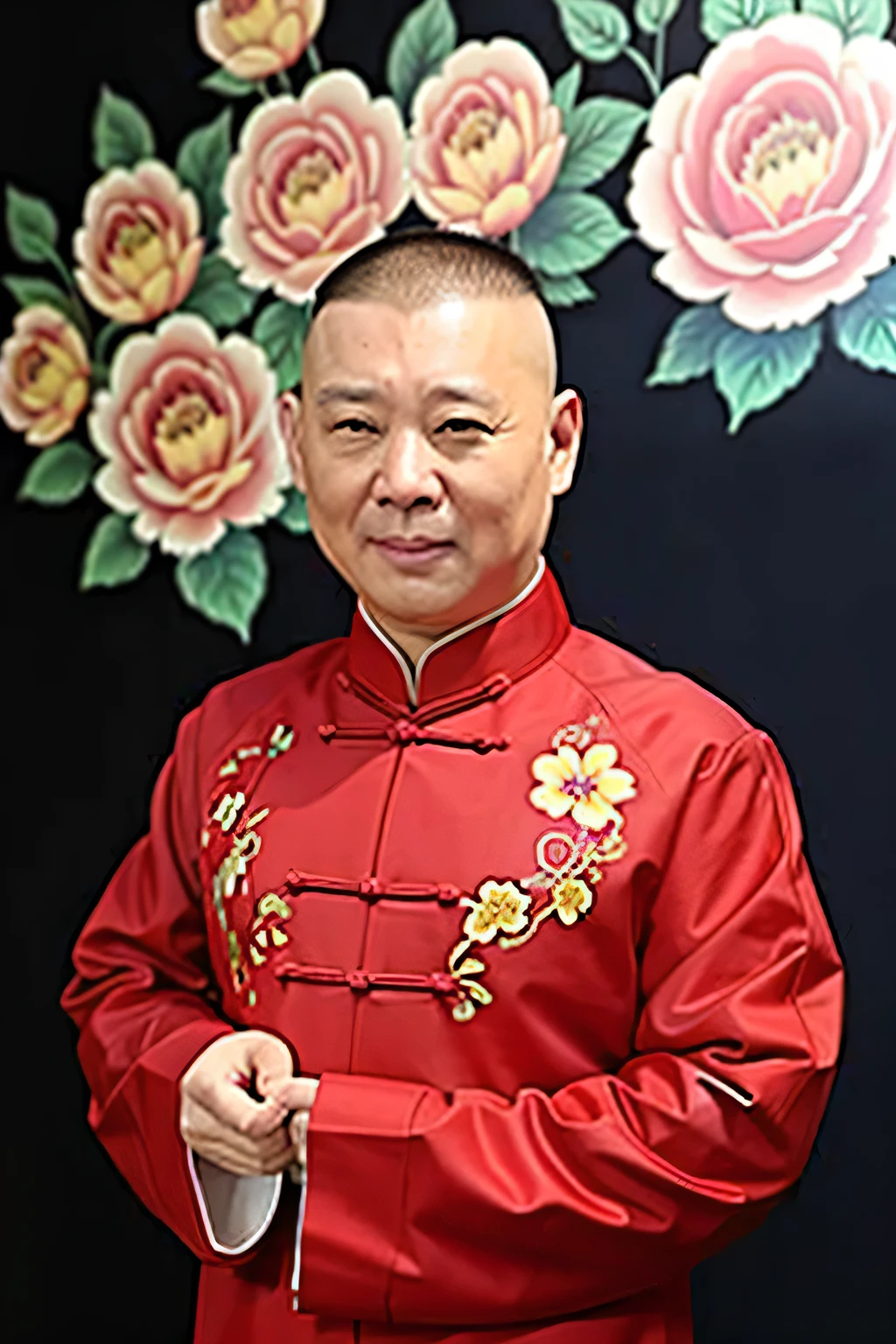 Best quality，Ultra-high resolution，（Honesty：1.4），1 person，Baldness，delicate eyes，Upper part of the body，Peace，Serious，kind，Chinese traditional clothing，Wear a peony on your head