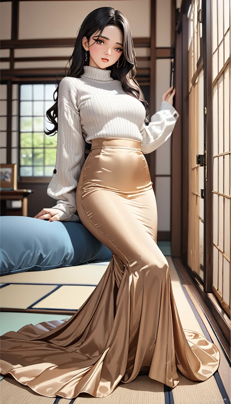 (masterpiece,highest quality,超A high resolution),Japanese women, (((Very beautiful 25 year old girl))),Long sleeve sweater、((Satin mermaid-style high-waisted long skirt))、The skirt is ankle-length、