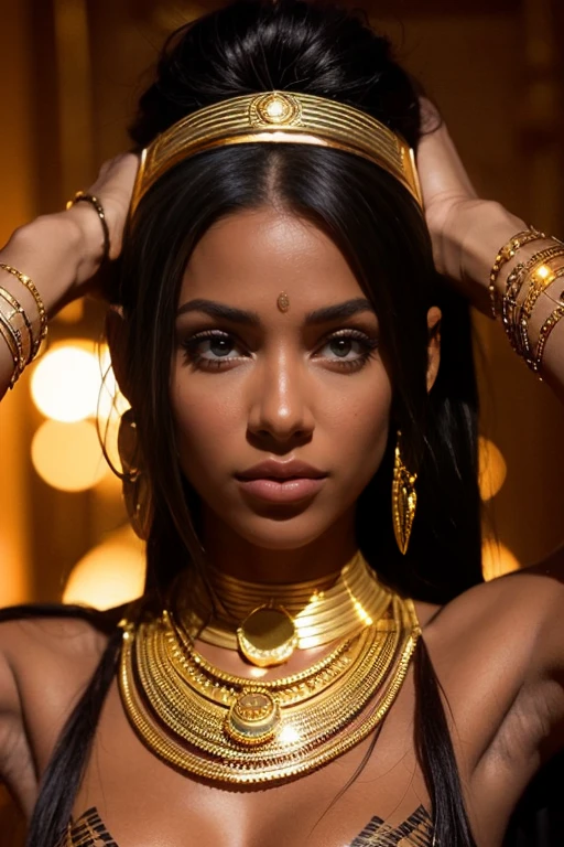 Female Egyptian pharaoh goddess with very dark skin, she lives in Sudan stylish with refined gold thread tattoos on her face ((couleur de la peau très noire))