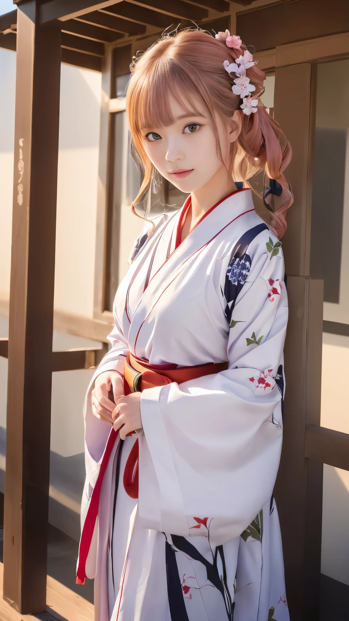 Girl in kimono standing in front of a building, wearing a simple robe, ((Red belt, Elegant white kimono)), Best Anime 4K Konachan Wallpaper, in kimono, ayaka genshin impact, Cute girl anime visuals, (((inspired by yui yuigahama))), wearing a simple robe, Female protagonist 👀 :8, Anime Moe Art Style, Young girl, (Beautiful breasts), ((highest quality, 8K, masterpiece:1.2)), (Detailed eyes and face:1.2), ( girl's small hand:1.3), (Detailed hands:1.3), (Perfect Anatomy:1.3), (17 yeaiful girl, Baby Face:1.3), (ody line), (Small and slender figure), ((Side bun hairstyle, Beautiful pink hair)), short hair, (Gaze at the viewer:1.2)
